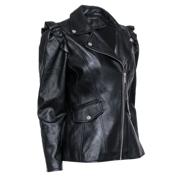 WHBM $500 Genuine Leather Motorcycle Moto Jacket Ruffled Shoulders M - Picture 4 of 12
